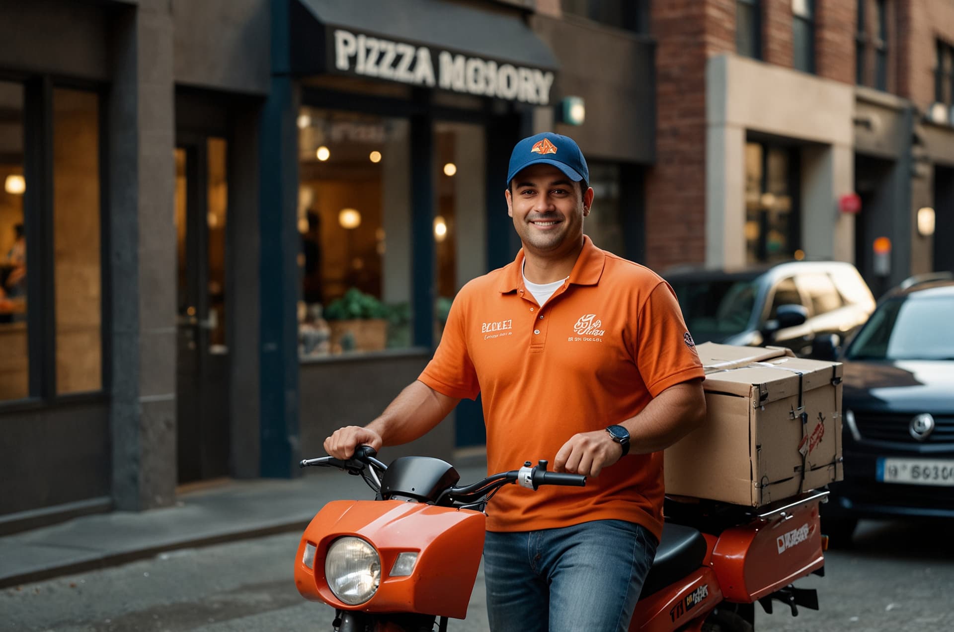 Entregador de pizzaria em frente ao restaurante